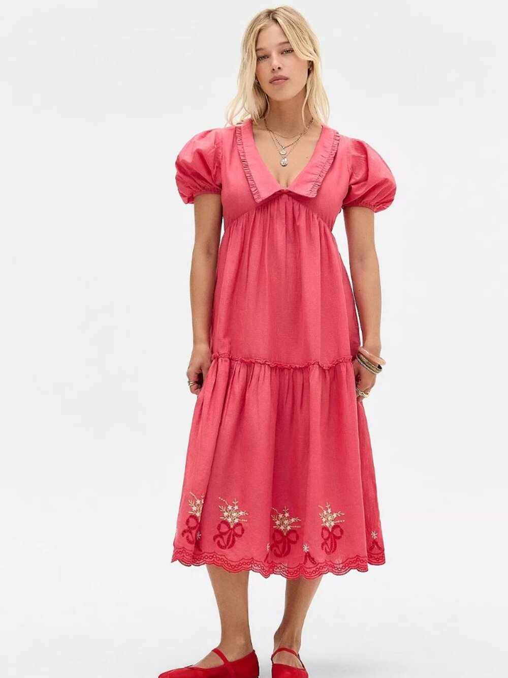 Kimchi Blue Embroidered Floral 100% Cotton Midi Dress XS Red MilkMade Boho
